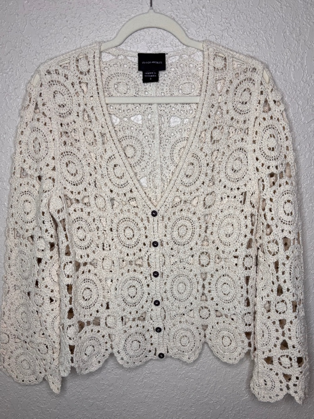 Liv Los Angles Cream Crochet Granny Square Relaxed Fit Cardigan Women's Size S